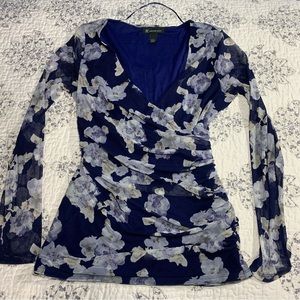 y2k Blue floral mesh sleeve top